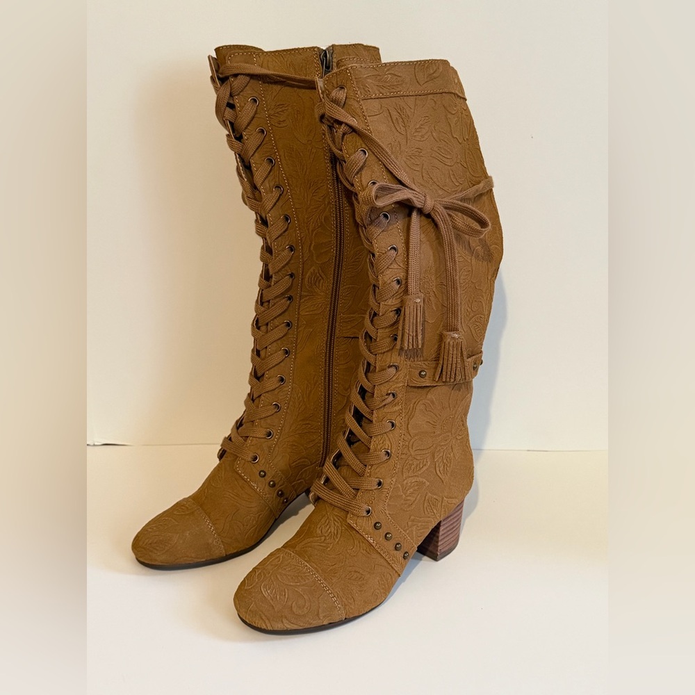JOYFOLIE MARITA TALL BOOT IN PECAN Tan Lace-Up Knee-High Boots Floral Sude - Picture 2 of 11